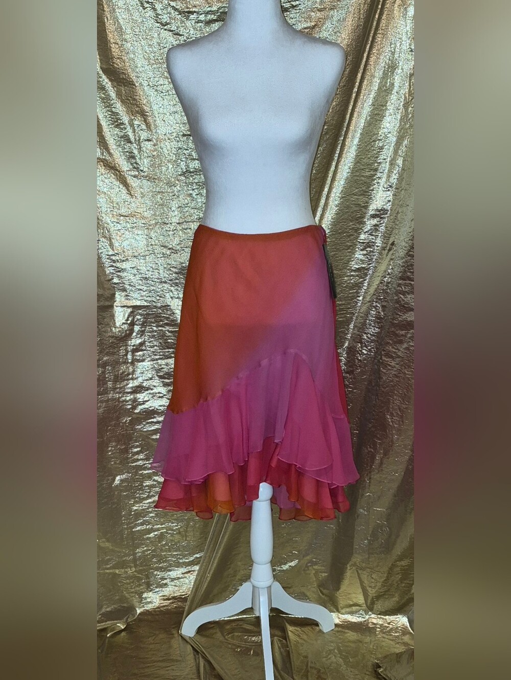 Ralph Lauren Pink and Orange Asymmetrical Ruffle Chiffon Skirt